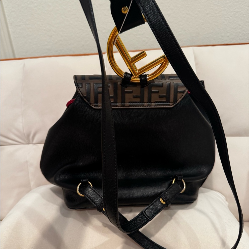 Fendi Black Leather Backpack with Brown FF Monogram Flap and Red Accents - Picture 4 of 6